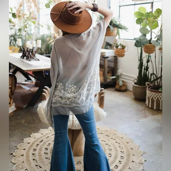 smoke grey Lace Embroidery RESORT TKimono Spring Summer color wrap Cover-up New - Picture 2 of 3